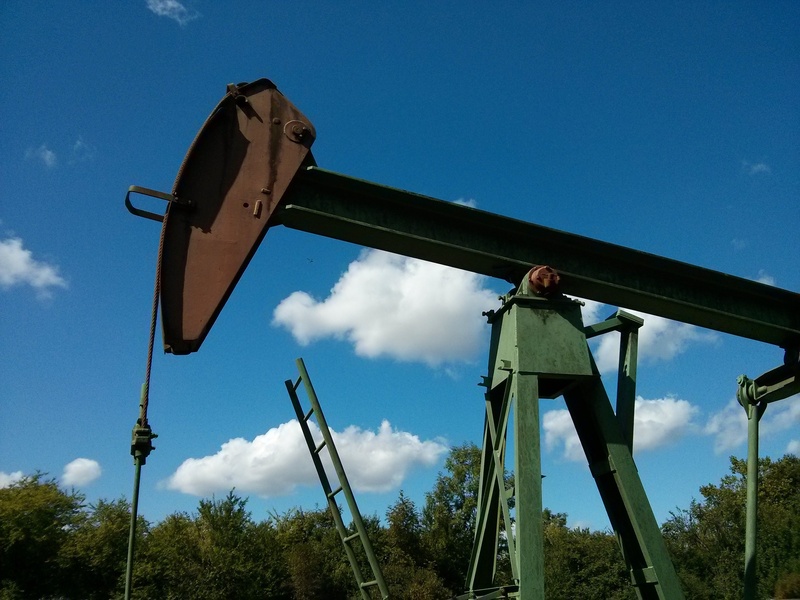 no people, sky, oil production, outdoors, bird, nature, wood - material, security, land, field, old, heating oil, brown, oil, 2K, blue, metal, day, lift
