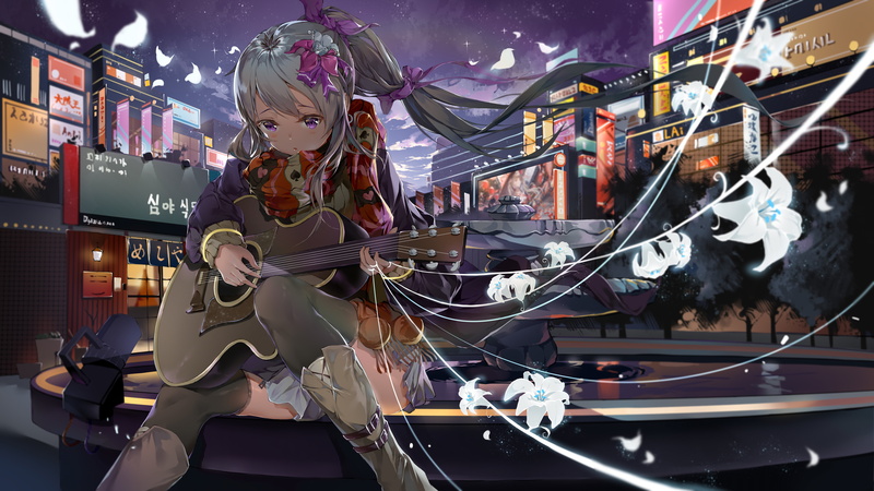 anime girls, sitting, anime, guitar, skirt, Bodhi Wushushenghua, 5K