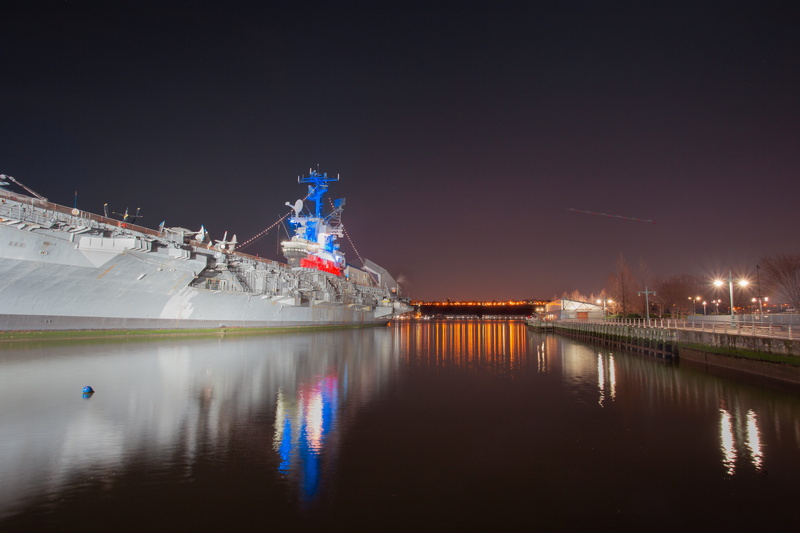 navy, sky, boat, nature, urban, river, night, white, west side, long exposure, illuminated, building exterior, uss intrepid, new york city, no people, military