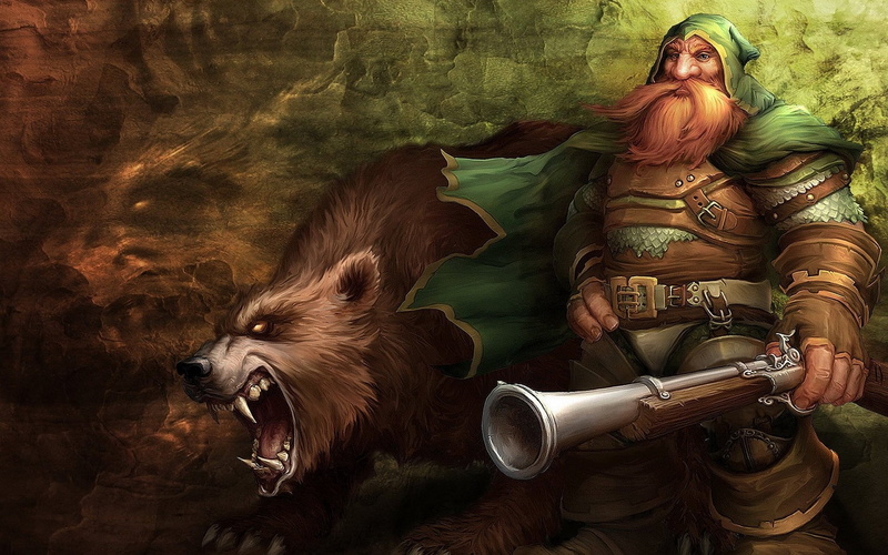 dog, dwarf, one person, wow, architecture, aggression, warcraft, bear, hair, one animal, power, world, armed Forces, domestic animals, indoors, war, the gun