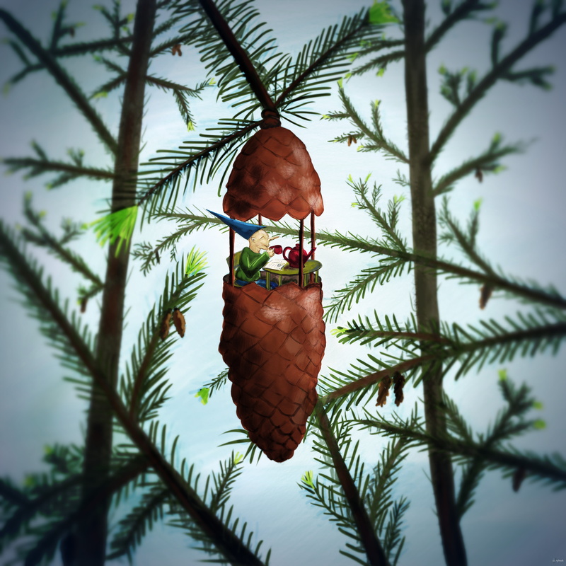 sky, comfort, plant, illustration, branch, low angle view, outdoors, healthy eating, food, tea party, 8K, animal, acorn, growth, food and drink, nature