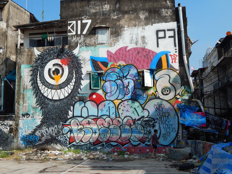 building exterior, no people, representation, art and craft, day, spraypaint, building, bangkok, 4K, graffito, human representation, asia, multi colored