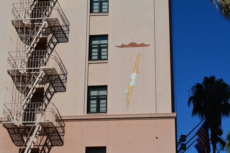 sunlight, tree, art, nature, californium, representation, mural, clear sky, swimming, san, built structure, building exterior, 5K, wall, person, exterior