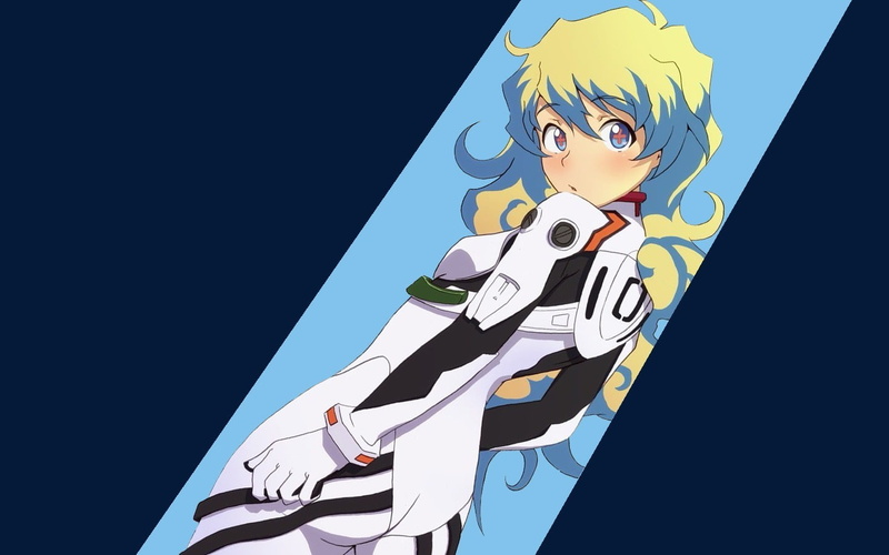 human representation, outdoors, Teppelin Nia, men, low angle view, blue background, anime girls, one person, three quarter length, 720P, real people, Tengen Toppa Gurren Lagann