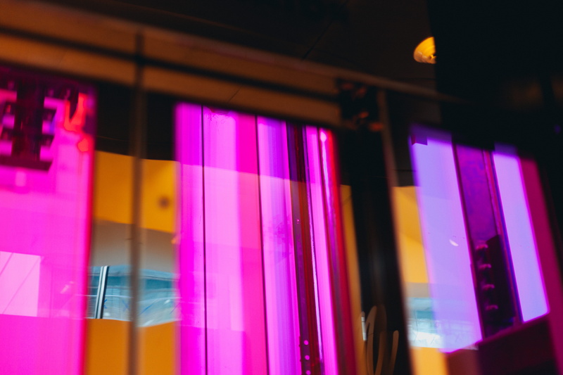 transparent, yellow, low angle view, focus on foreground, lighting equipment, neon, close-up, illuminated, led, mirror, no people, photo, glass - material
