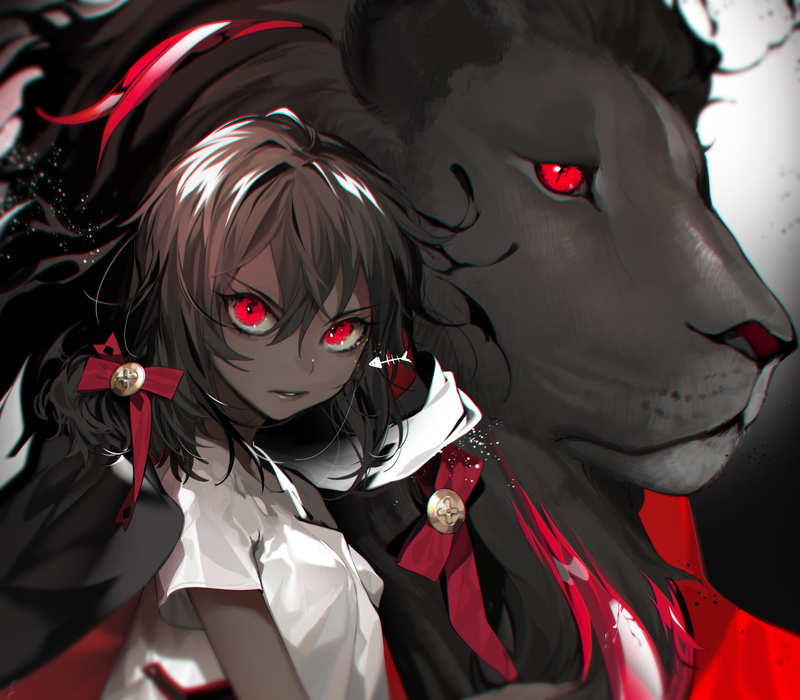 red eyes, dark skin, hair ornament, lion, ohisashiburi, shirt, short hair, simple background, looking at viewer, short sleeves, anime, anime girls, 1080P