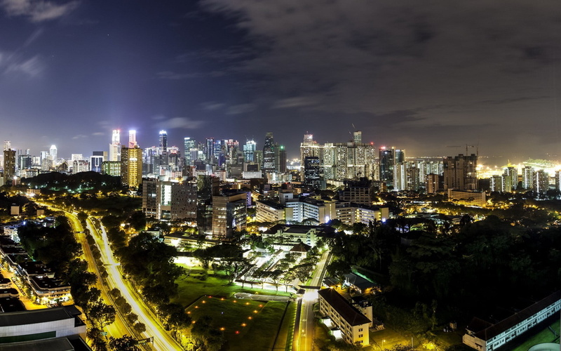 skyscraper, clouds, building, crowd, night, cloud - sky, high angle view, financial district, illuminated, building exterior, built structure, black, cityscape