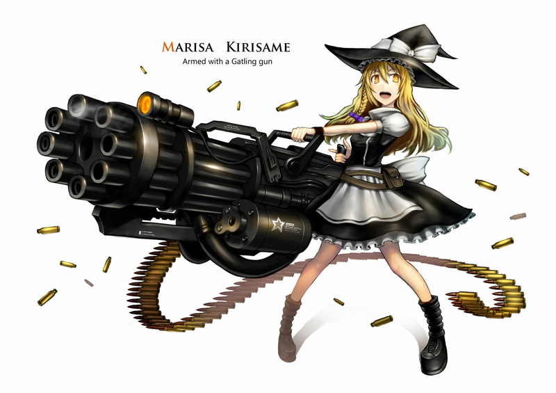 gun, ribbons, orange, touhou, hair, white, eyes, hat, kirisame, 720P, weapon, braids, marisa, gia, blonde, boots
