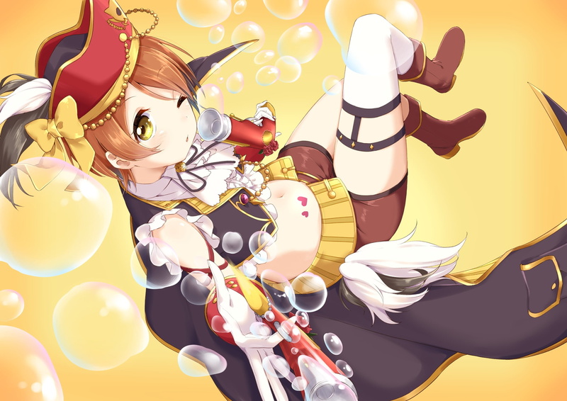 navel, wink, yellow, hoshizora, konachan, (semicha, 253475, eyes, short, bow, hat, com, shorts, blush, pirate, bubbles, tattoo, 1080P, ksk, boots, rin