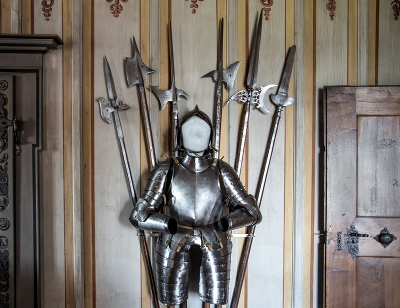 door, wood - material, electric lamp, antique, architecture, middle ages, home, switzerland, metal, schloss wildegg, old, no people, hanging, weapons, halberd