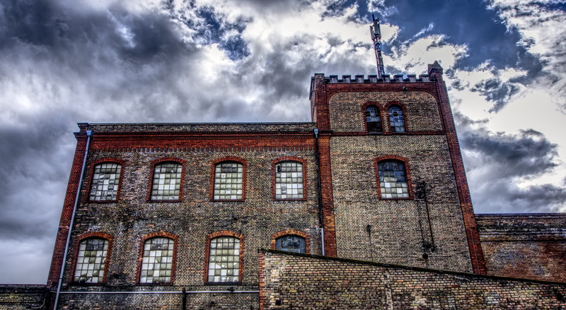 brick, historically, belief, clouds, industry, sky, architecture, hall, no people, factory building, drama, contrast, tree, clock, nature, place of worship