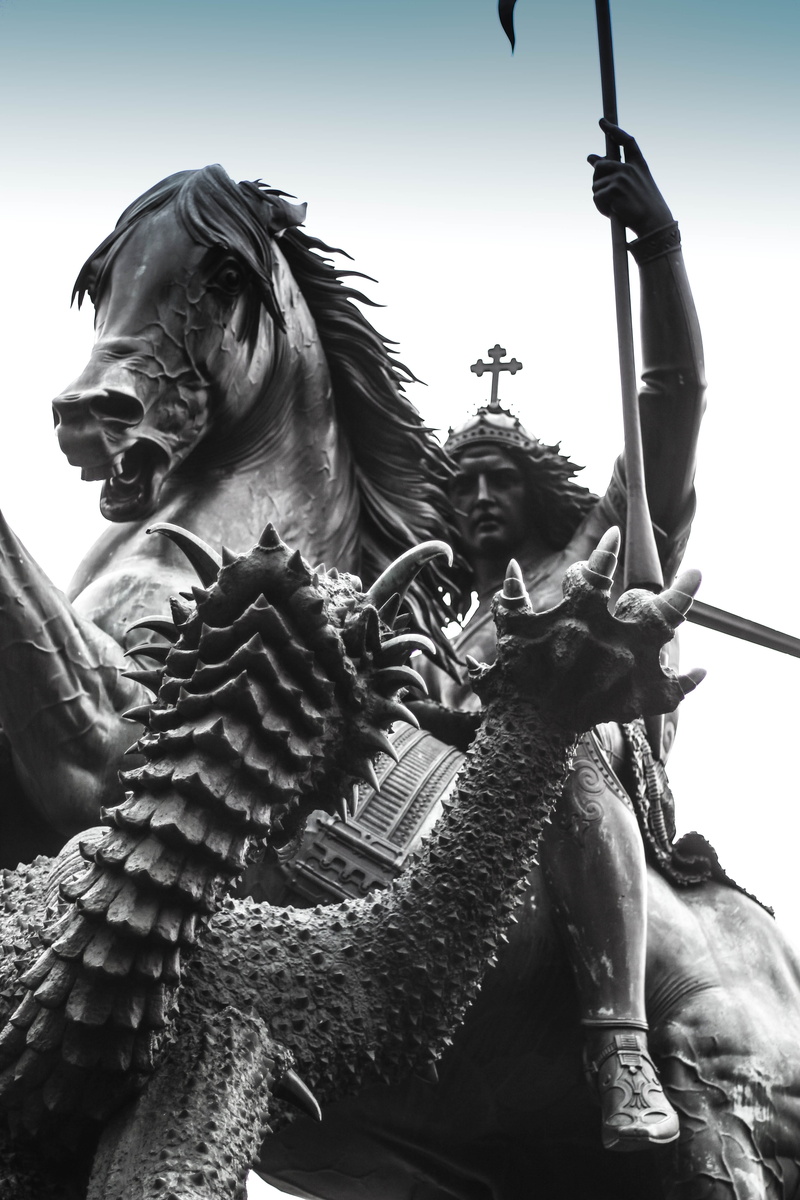 action, germany, close-up, representation, fight, low angle view, historical, sculpture, outdoors, architecture, dragon, clear sky, art and craft, craft