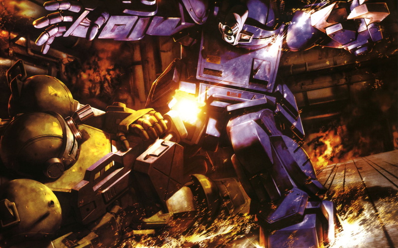 mecha, suit, glowing, trooper, fire - natural phenomenon, scopedog, machinery, no people, large group of objects, indoors, votoms, 720P, security, metal