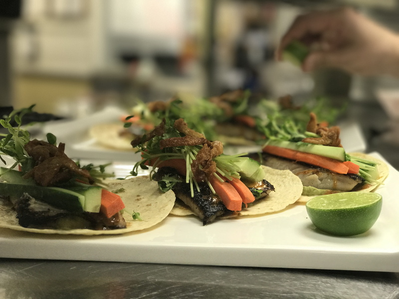 Tacos, incidental people, focus on foreground, food styling, crockery, 4K, freshness, delicious, cooking, indoors, restaurant, food plating, serving size