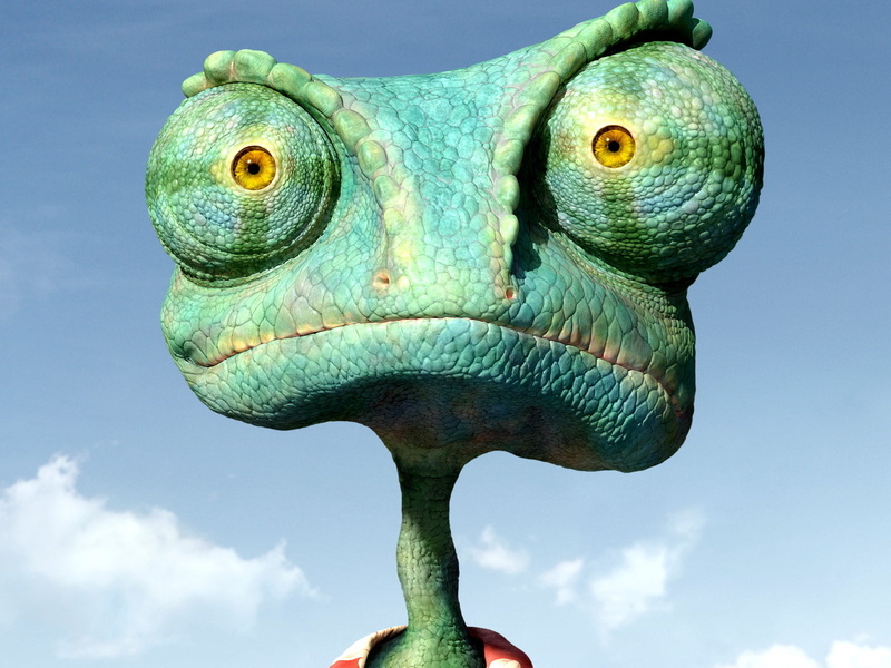 animal themes, blue, one animal, 720P, animal representation, profile view, cloud - sky, large, representation, green Color, outdoors, chameleon, digital