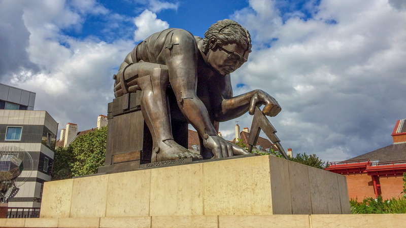 monument, memorial, eduardo paolozzi, art and craft, nature, architecture, newton, day, sky, cloud - sky, statue, the british library, human representation