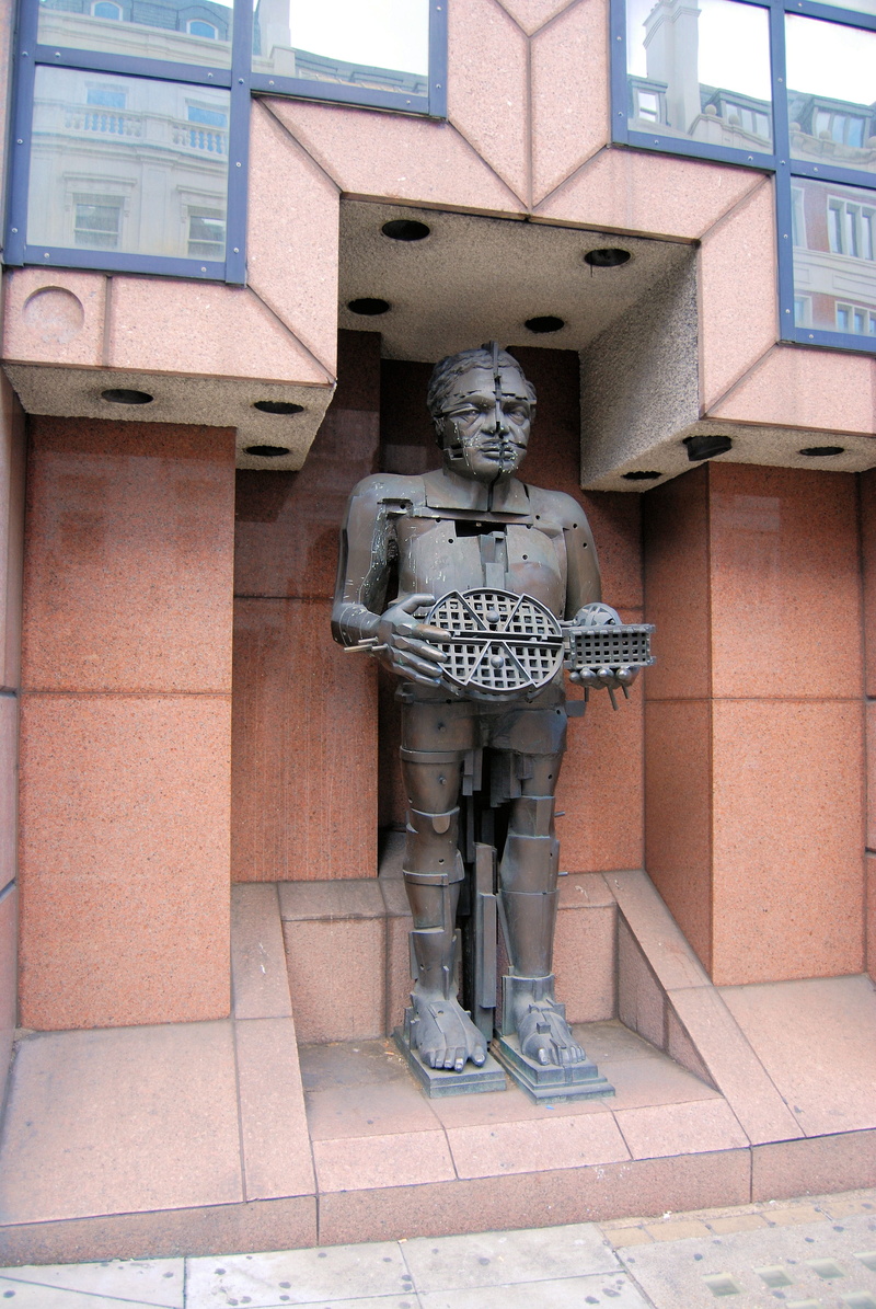 wall, Eduardo Paolozzi, building exterior, day, no people, full length, art and craft, metal, wall - building feature, text, representation, Statue, architecture