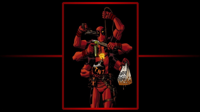black background, two people, Comics, adult, Deadpool, night, standing, Merc with a Mouth, full length, studio shot, holding, real people, figurine, copy space