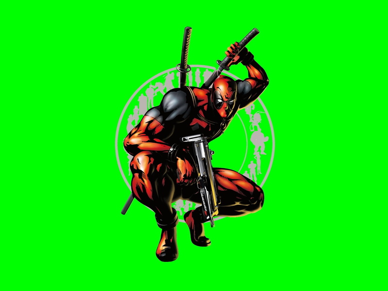 bizarre, clothing, Deadpool, Comics, Merc with a Mouth, portrait, green background, hairstyle, adult, emotion, human arm, colored background, full length