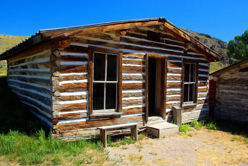 wild west, no people, blue, building, bannack log house, building exterior, vigilante, america, sunlight, old west, scenery, west, wood - material, house
