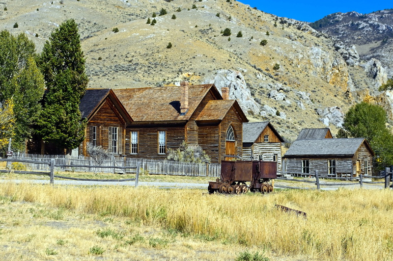 old, no people, church, wood - material, old west, day, mining, ghost town, scenics - nature, nature, blue, gold, mountain, mine, landscape, grass, architecture