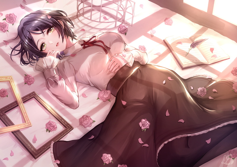 short hair, Hayami Kanade, flowers, yellow eyes, anime, anime girls, 4K, purple hair, dress