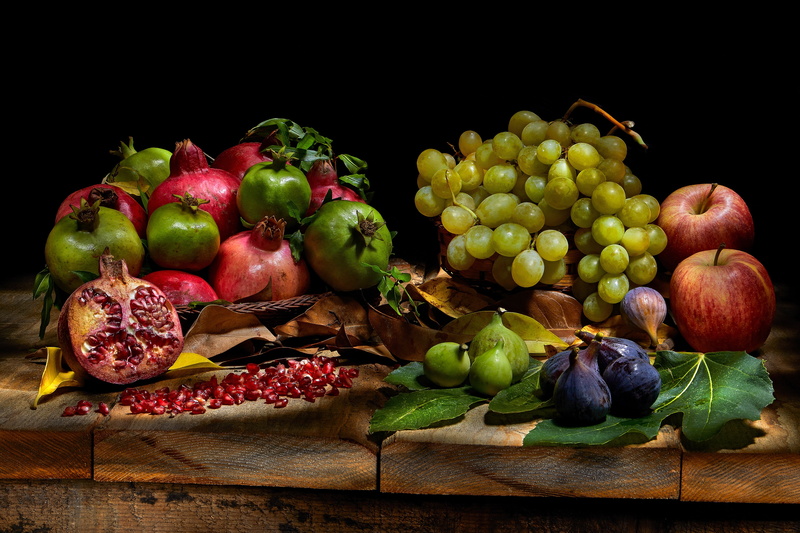 Still Life, Pomegranate, Fig, 4K, Fruit, Fruits, Grapes, Apple