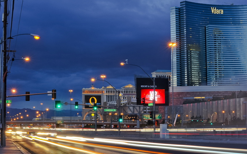 no people, nevada, sign, downtown District, outdoors, speed, night, highway, long exposure, multiple Lane Highway, city Life, guidance, skyscraper, poles