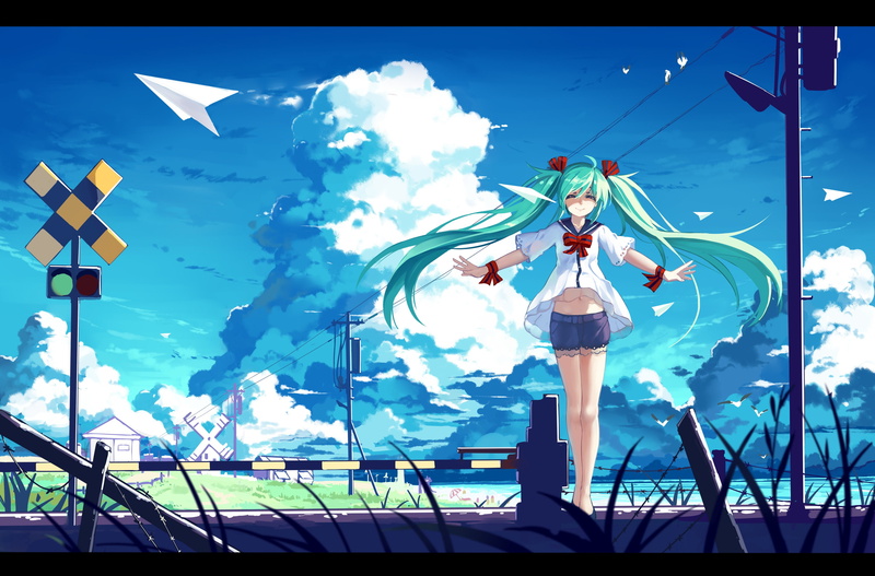 girl, vocaloid, hatsune miku, poles, smile, 2K, haraguro, tv, anime, sky, flat, screen, black, light, birds, wires, Art, clouds, haraguro you
