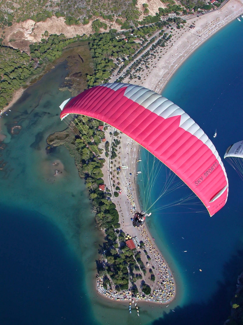 mode of transportation, nature, white, blue sky, beauty in nature, transportation, beach, tree, scenics - nature, travel destinations, paraglider, harness