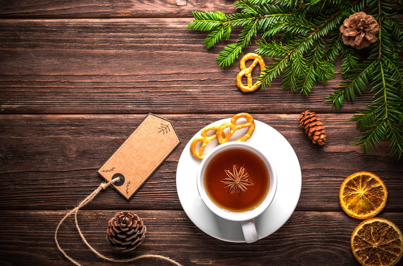 photo, directly above, indoors, postcard, holiday, tree, herb, still life, food and drink, latte, leaf, ceramic, wood - material, winter, refreshment, tea