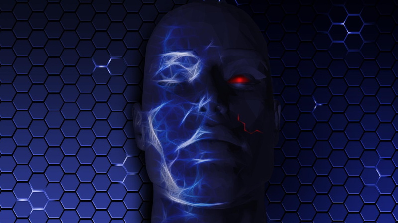 human, digital art, eyed, 1920x1080, cyborg, half, 1080P, character, anime, red