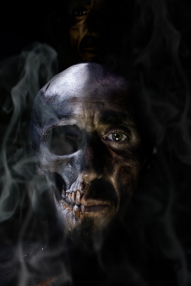 skull, black background, portrait, human, dead, smoke - physical structure, horror, photomanipulation, headshot, 2K, real people, front view