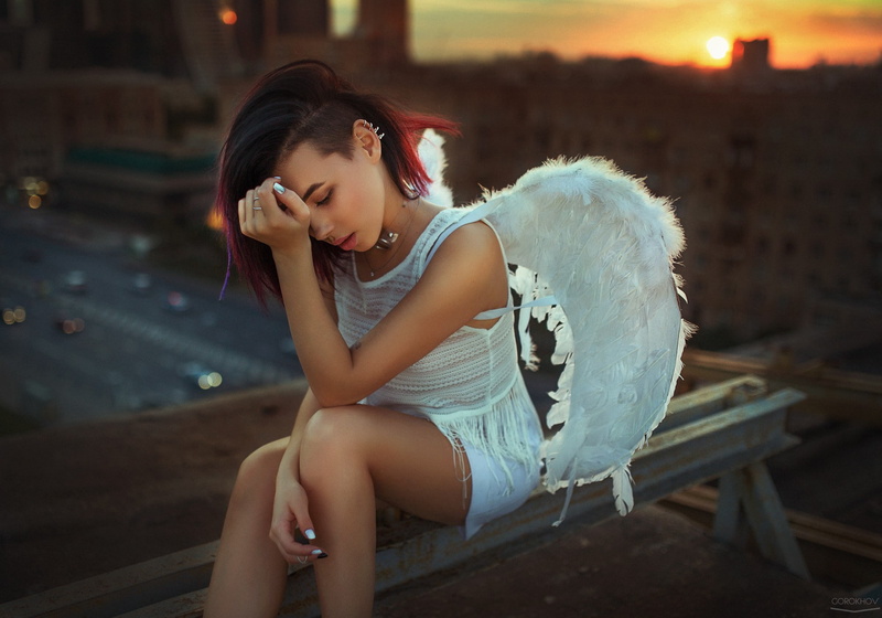 angel, depth of field, shorts, 1080P, Aliya Lando, sunset, sitting, city, women, model, dyed hair, Ivan Gorokhov, brunette