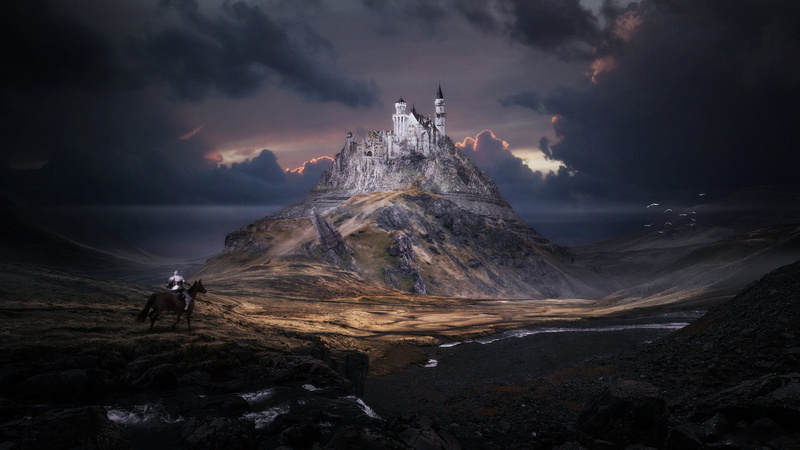 Art, Tobias Roetsch, Building, Knight, Architecture, Neuschwanstein Castle, Fiction, by Tobias Roetsch, FORGOTTEN WORLD SWAN STONE, Neuschwanstein, Mountain