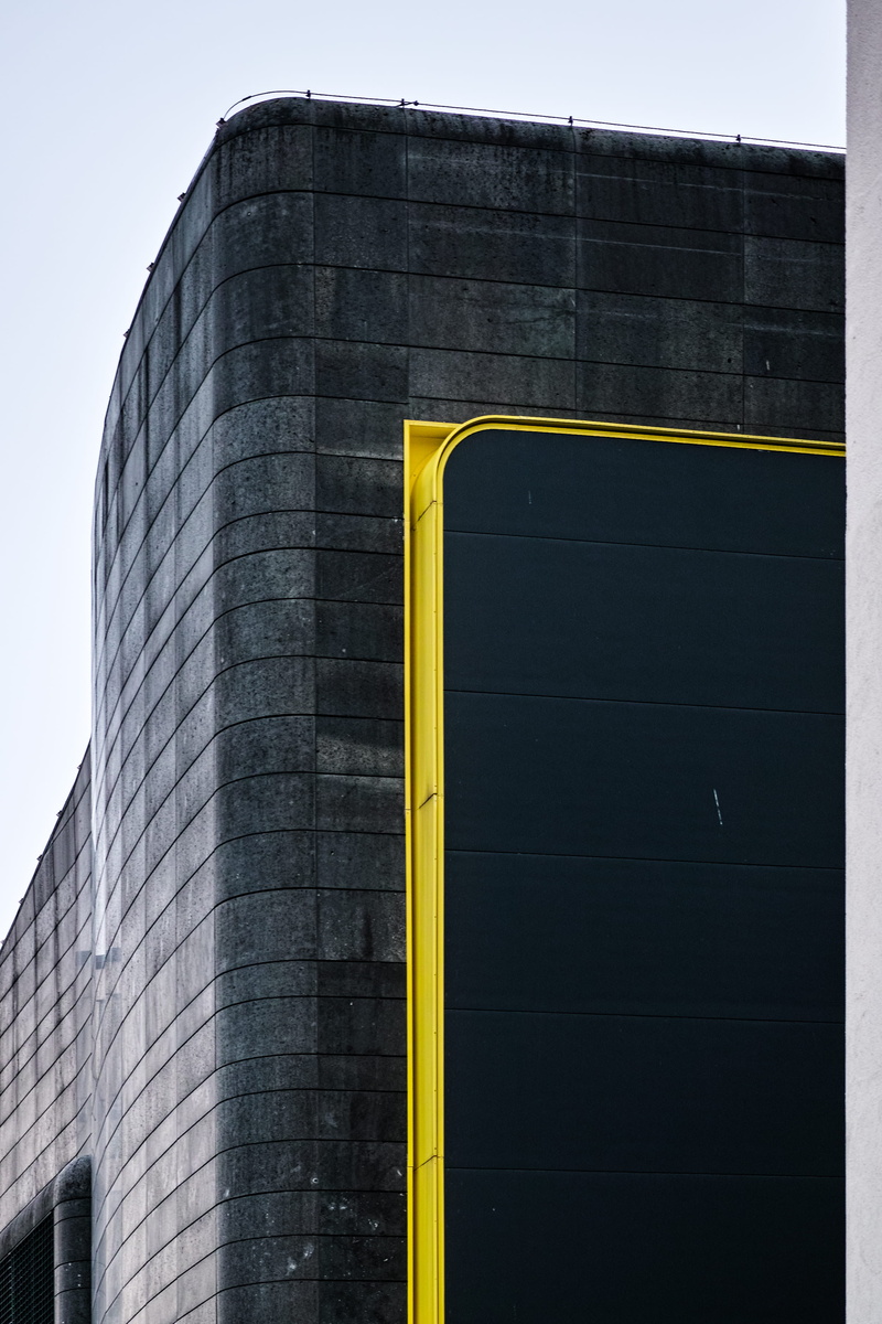 modern, pattern, sky, exterior, sunlight, banister, nature, window, yellow, day, low angle view, asphalt, automobile, city, concrete, clear sky, gray, wall