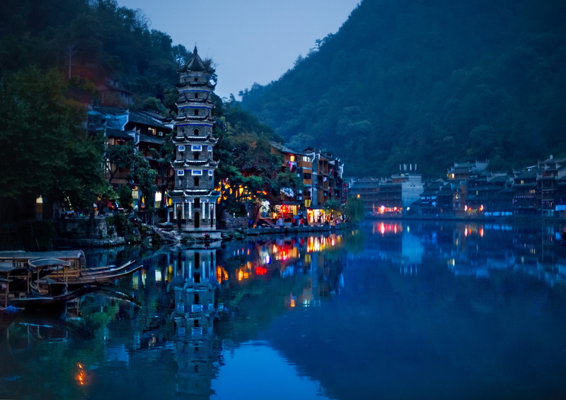 town, beside, night, Phoenix, next, body of water, 2K, water, City  temple, temple, mountain, body