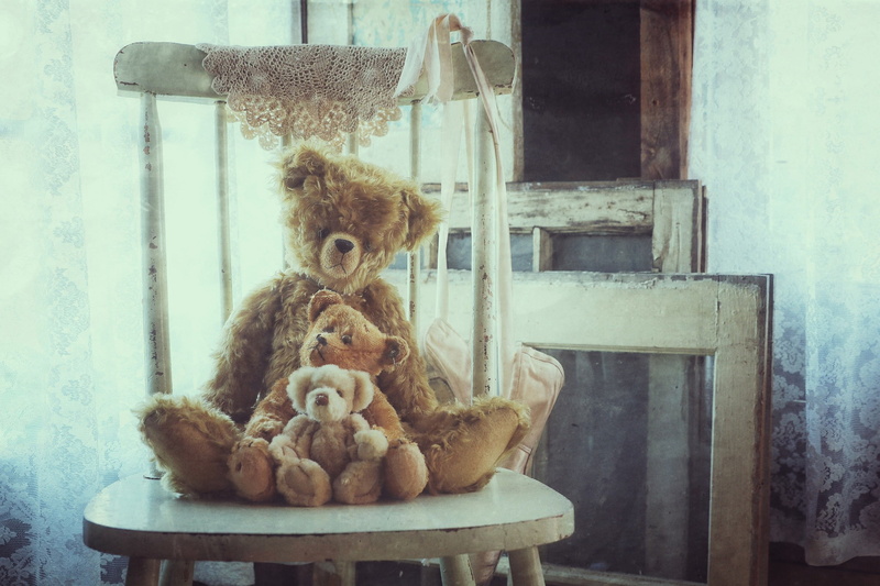 window, hanging, abandoned, day, representation, transparent, no people, domestic room, teddy bear, wall - building feature, teddy bears, seat, wood - material