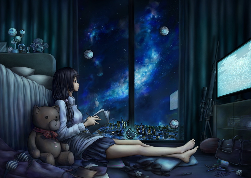 indoors, anime girls, furniture, people, lifestyles, domestic room, illuminated, night, sitting, 1080P, rifles, technology, females, space, home interior