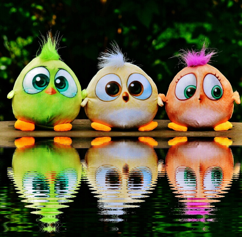 green, lake, bank, outdoors, three, nature, collection, birds, plush, reflection, representation, celebration, side by side, birdie, multi colored, yellow