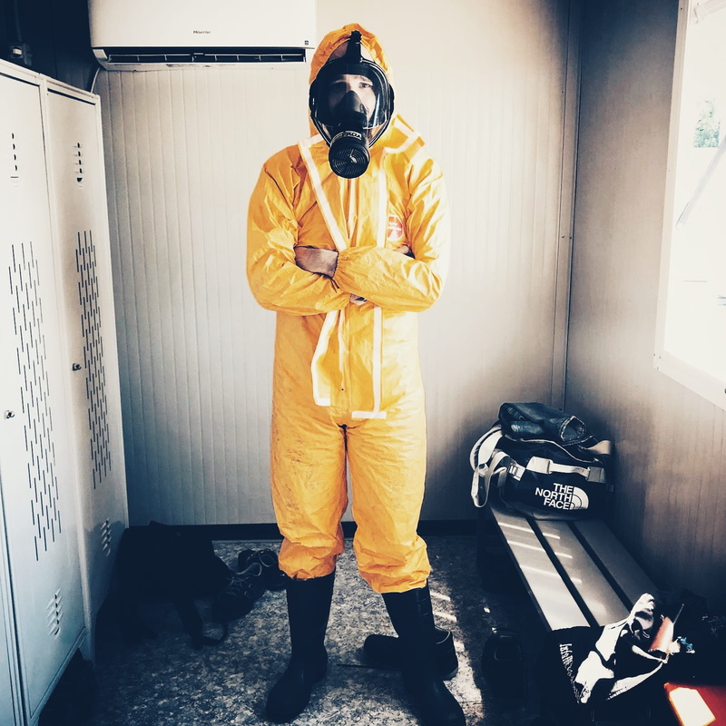 standing, abc, equipment, adult, males, work, one person, gas mask, 720P, person, mask, zombie apocalypse, uniform, lifestyles, wear, yellow, abc protection suit