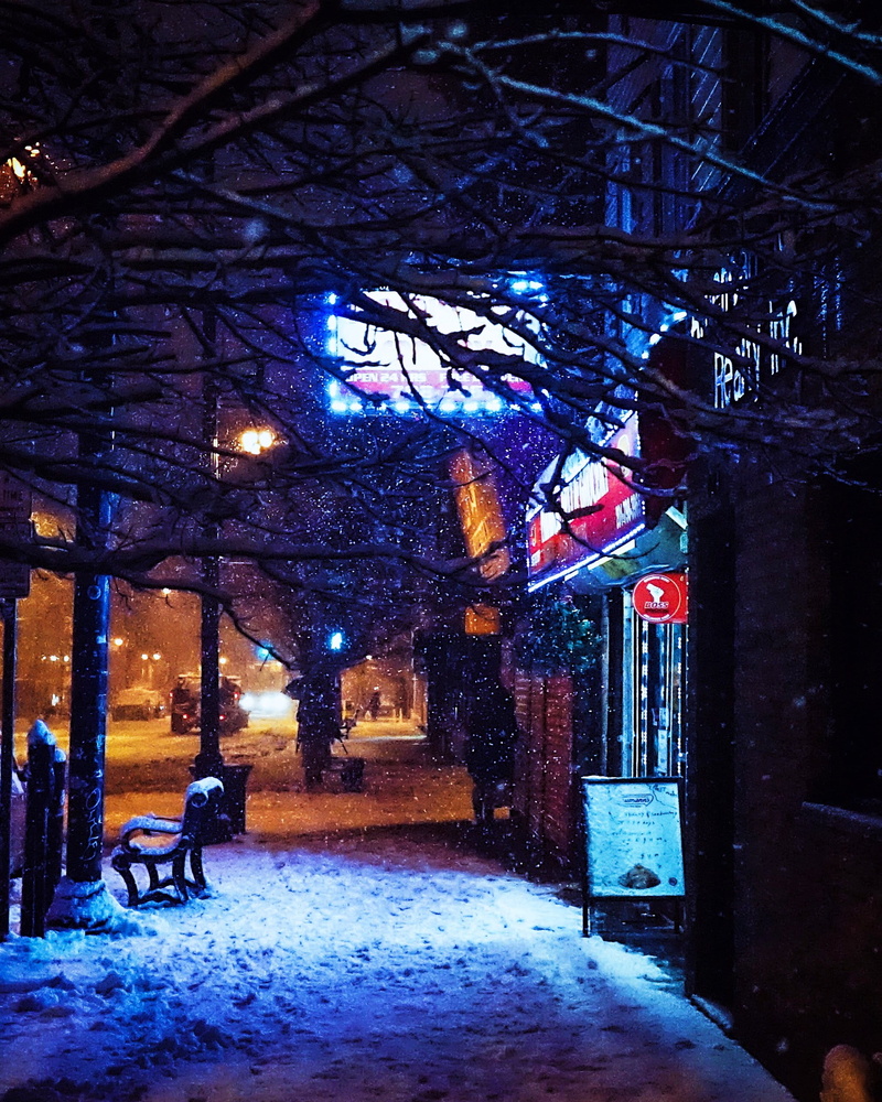 real people, neon, built structure, city, united states, night, tree, building exterior, architecture, snowing, building, outdoors, street photography