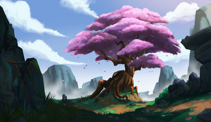 old tree, digital art, roots, 3D Abstract, landscape, artwork, 4K, cherry blossom, clouds, Loo DeJing, rocks