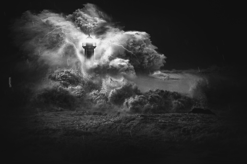 lighthouse, photo, lightning, storms, manipulation, grayscale, 1080P, photo manipulation, dark