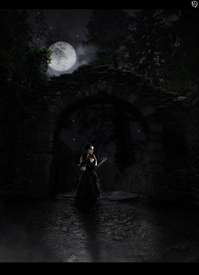 dress, contemplation, fantasy art, leisure activity, adult, fashion, 4K, outdoors, women, front view, full length, moonlight, fantasy girl, architecture