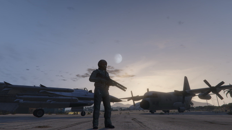 plane, men, air vehicle, nature, screen shot, real people, holding, leisure activity, transportation, 1080P, stationary, airplane, rifle, sunset, lifestyles