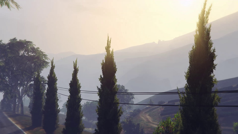trees, video games, sunrise, GTA Landscape, hills, GTA Photography, Grand Theft Auto V, 1080P, Grand Theft Auto V Online, Rockstar Games, GTA5, Tongva Hills