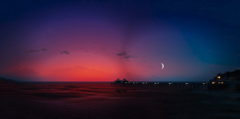 Moon, Horizon, Sunset, Grand Theft Auto V, Video Game, Grand Theft Auto, 1080P, Pier, Sky, Dusk