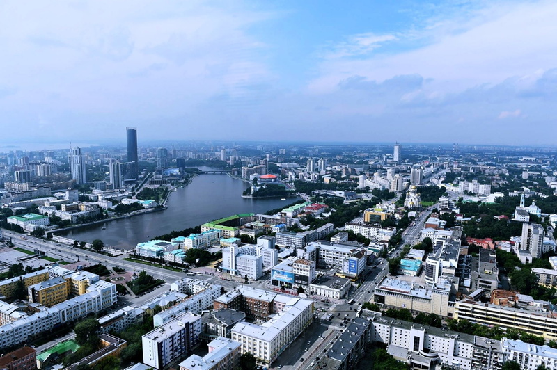 office building exterior, cityscape, building exterior, sky, River, no people, City, Ekaterinburg, financial district, sea, outdoors, Russia, architecture
