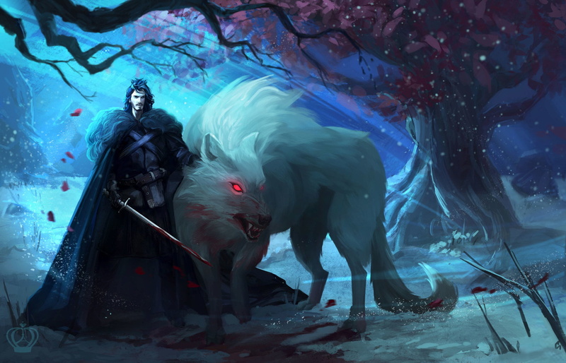 1080P, Game Of Thrones, art, male, Jon Snow, Ghost, AlexandraVo, Lone Wolf, tree, wolf